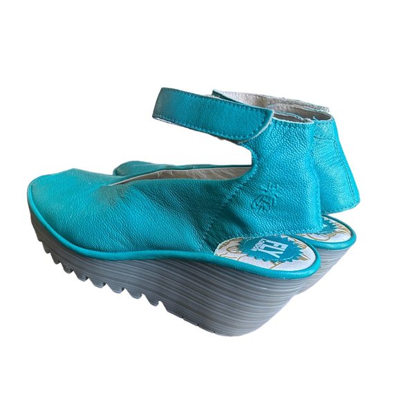 Fly London Yala Turquoise Leather Wedge w/Ankle Strap - Picture 6 of 9